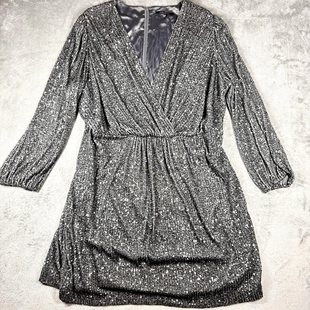 Black Sequin Wrap Cocktail Dress Stretch Size 22W Long Sleeve V Neck Alex Marie